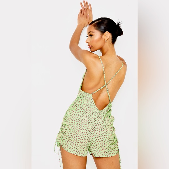 Green Ditsy Floral Ruched Cowl Neck Romper - Picture 2 of 8